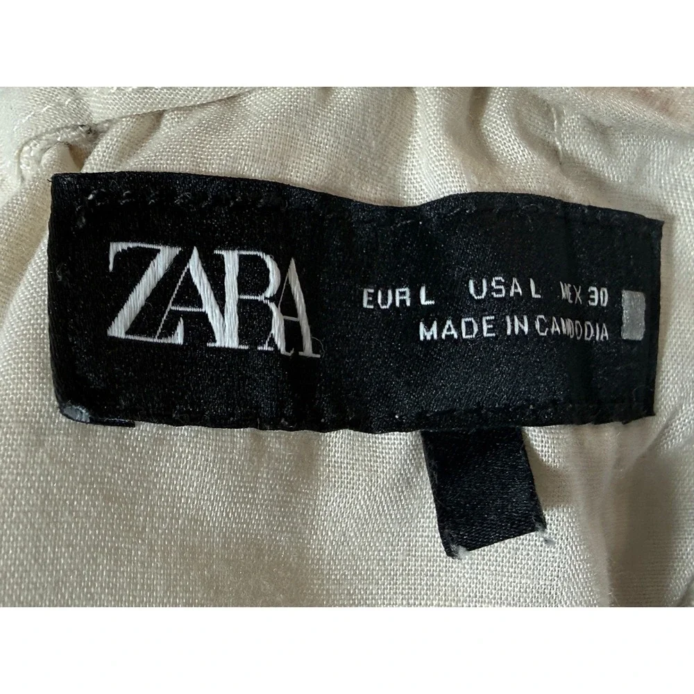ZARA Linen Blend Striped Drawstring Waist Wide Leg Pants‎ Women L Beige Black